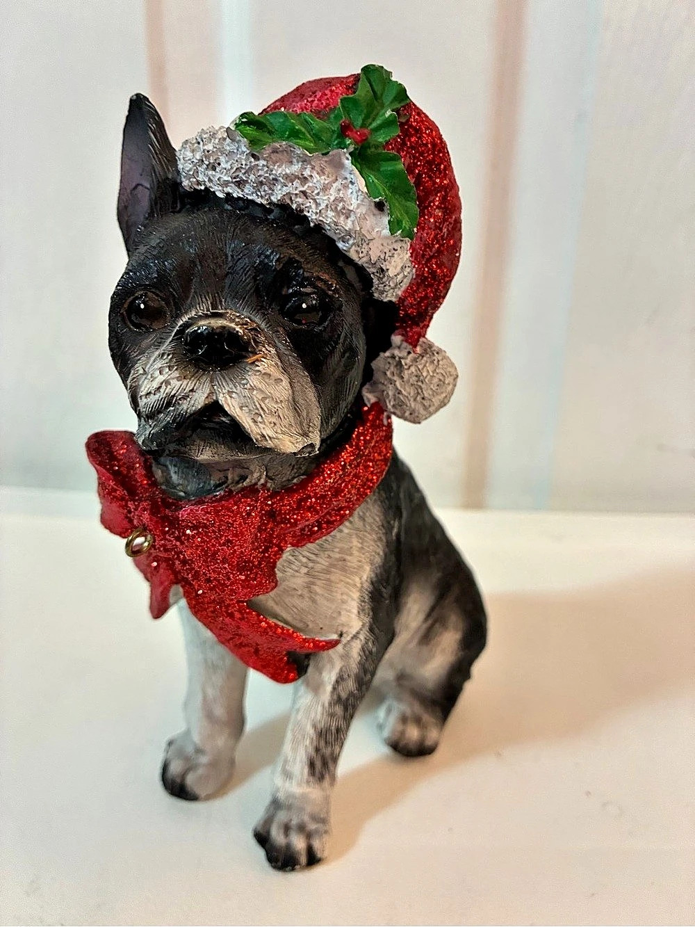 Humane Society Christmas French Bulldog Boston Terrier Figurine Glitter Hat Bow